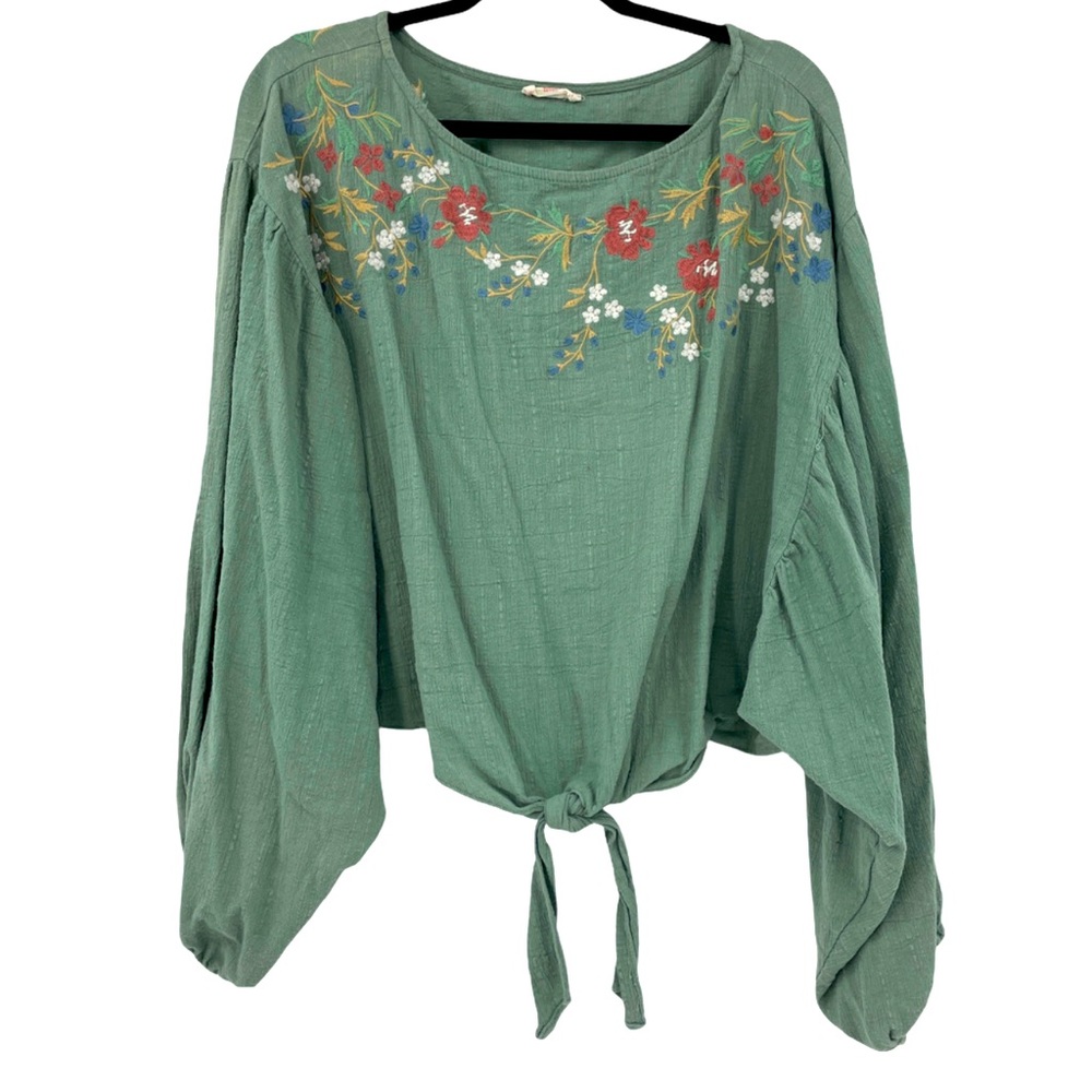 Hummingbird Blouson Peasant Top Floral Embroidered